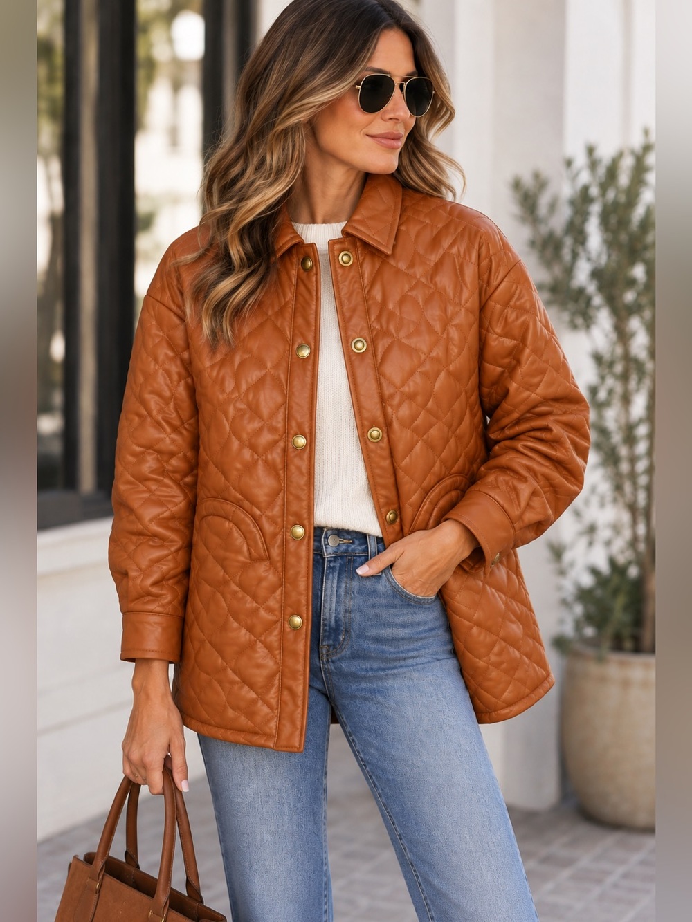 House of Sunny Mid Century Quilt Bomber Quilted Jacket in Brown Size 6